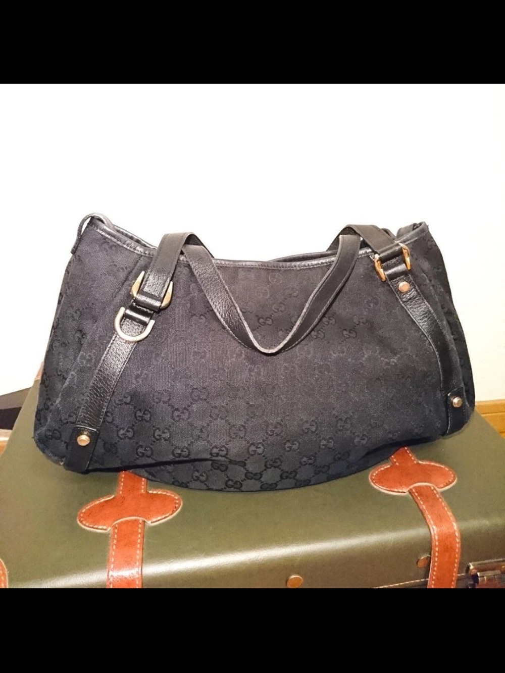 Gucci Black GG Monogram Shoulder Bag with Leather Trim